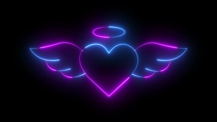 glowing neon wings heart icon animation on black background. Luminous wings heart icon animation. Concept of unrequited love wings icon sign. neon Heart Love sign with flying wings icon. - Powered by Adobe