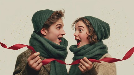 Cheerful couple in green scarves holds a red ribbon with joyful surprise, representing love, winter holiday, and Christmas gift. Romantic festive moment showing connection, happiness and seasonal 