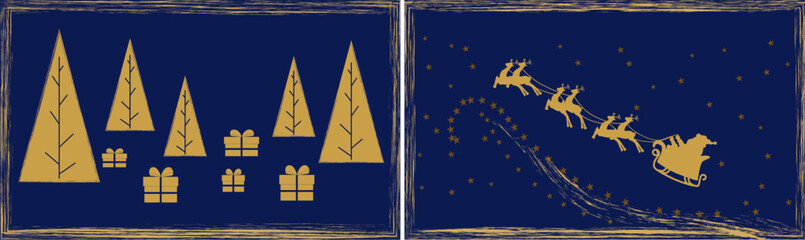Elegant Gold Christmas Trees and Gifts on Dark Blue Background &ndash; Luxury Holiday Greeting Card Design