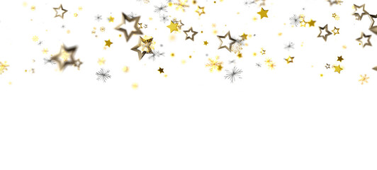 Festive golden star confetti scattered on a white backdrop, perfect for holiday designs, celebrations, and joyful occasions. Great for backgroun