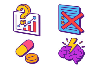 Scientific Method Icons. Isometric vector illustration set Unproven Method Concepts: Question mark over scientific chart,