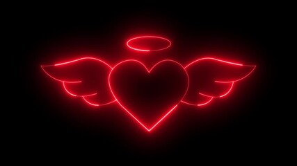 glowing neon red wings love icon animation on black background. Luminous neon wings heart icon animation. Concept of unrequited love wings icon sign. neon Heart Love sign with flying wings icon.