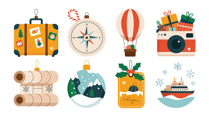 Fototapeta premium Wanderlust ornaments: Festive travel-themed Christmas ornaments. Capturing the spirit of adventure, inviting dreams of far-off destinations.