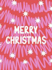 Merry Christmas greeting card with stars and typography design. Abstract christmas tree waves. Trendy vector illustration for banner social media, advertising, cover design.
