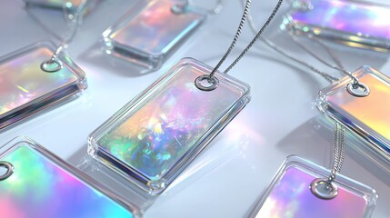 Set of holographic glass price tags with glowing reflection, futuristic retail and branding composition. Modern color spectrum design for digital and fashion marketing visuals