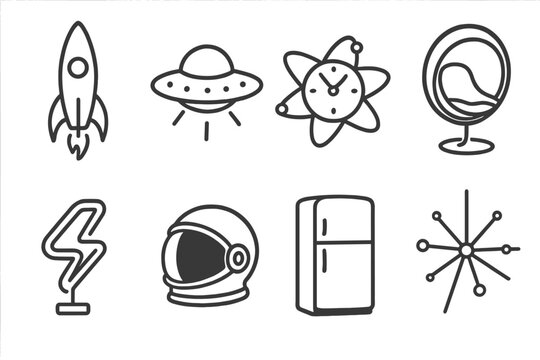 Atomic Age Icons. Line style icons of Atomic Age: Rocket Ship, Flying Saucer, Atomic Clock, Bubble Chair, Neon Sign, Space Helmet,