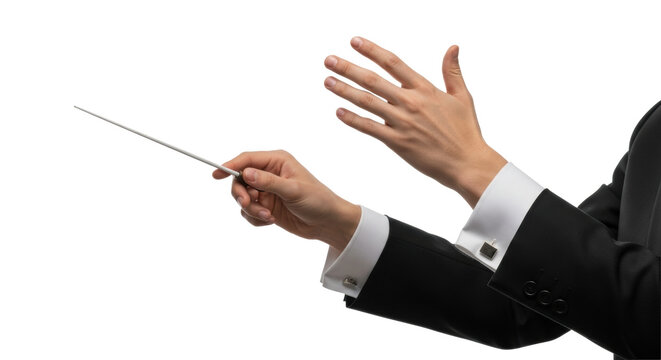 Professional hands in formal suit with white cuffs and silver cufflinks, one holding a baton, the other gesturing authoritatively, on a transparent studio background. Concept of masterful leadership