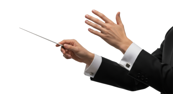 Professional hands in formal suit with white cuffs and silver cufflinks, one holding a baton, the other gesturing authoritatively, on a transparent studio background. Concept of masterful leadership