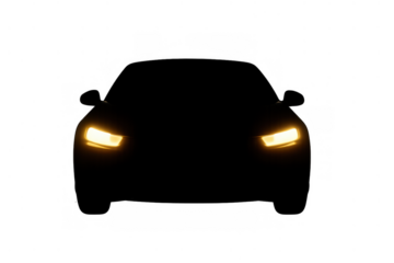Car silhouette with glowing headlights illuminating forward, vehicle on transparent background showing dark mystery