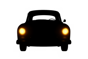 Classic car silhouette with glowing headlights, front view, driving into the night, transparent background