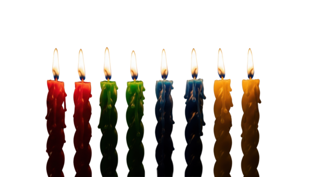 Eight vibrant red, green, blue, yellow spiral candles with flickering flames and melted wax drips on a black void background with soft bokeh, concept of innovation and success