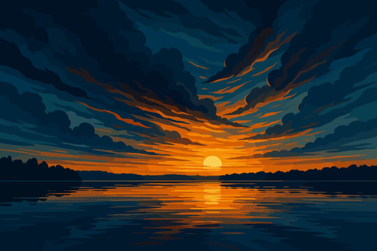 Golden Sunset Over Lake. Moody sky glowing with dramatic golden vector illustration and blue tones during sunset over a serene