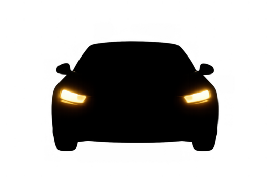 Car silhouette with glowing headlights illuminating forward, vehicle on transparent background showing dark mystery