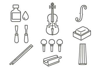 Luthier Workbench Icons. Line style icons of Luthier: Varnish, Violin, Soundhole, Wood Carving Tools, Tuning Pegs, Rosin, Bow,