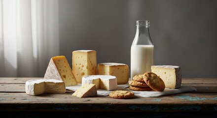 Assortment of Cheeses, Milk, and Cookies on a Rustic Wooden Table