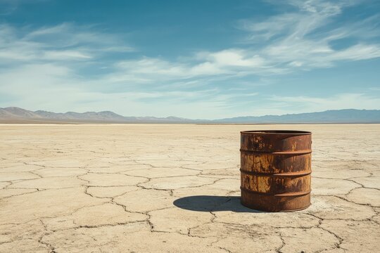 Rusty barrel in a cracked desert landscape under a clear sky.