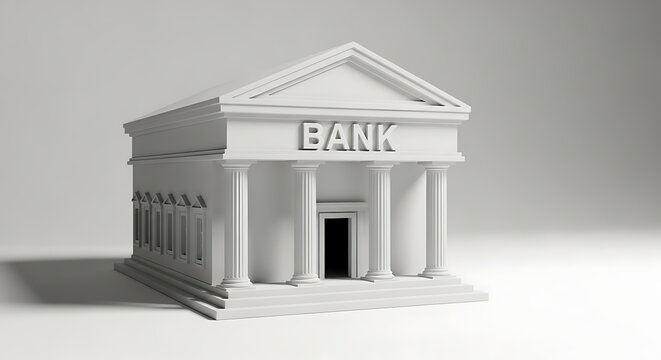 Architectural bank building model with pillars in monochromatic design for business concepts