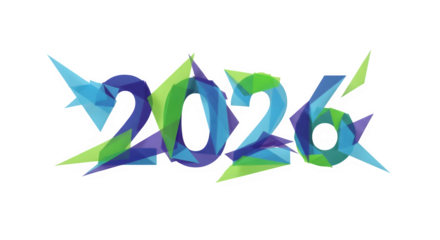 Abstract geometric artistic representation of the year 2026 with vibrant blue and green colors isolated on transparent background
