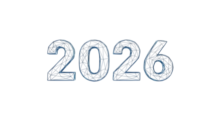 Futuristic glowing digital numbers 2026 with geometric patterns isolated on transparent background
