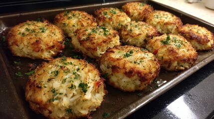 Fototapeta premium Tray of Delicious Crabcakes, Baked in the Oven and Ready to Serve