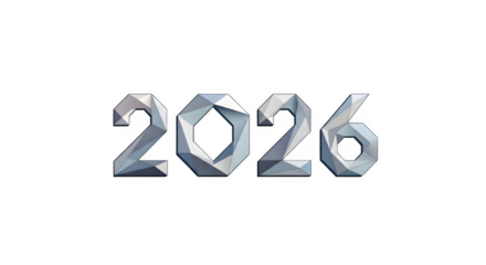 Polygonal geometric design of the year 2026 in a metallic silver texture isolated on transparent background