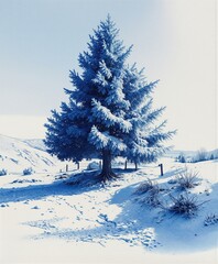 Majestic snow-covered pine tree standing alone in a serene winter landscape. Soft sunlight, crisp frost, and untouched snow create a peaceful, dreamy nature scene, seasonal magic and tranquility
