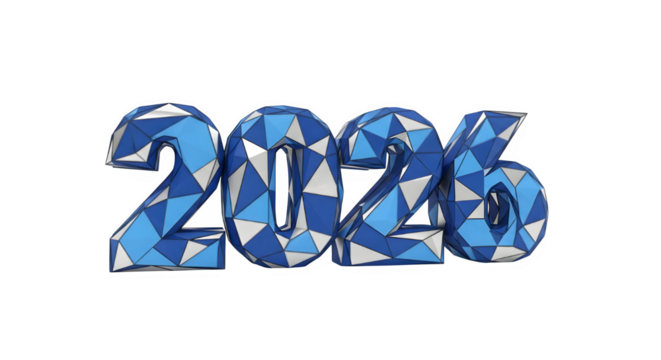 Abstract blue geometric patterned numbers 2026 isolated on transparent background