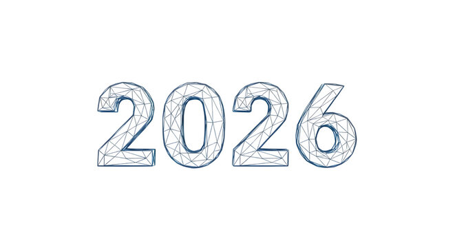 Futuristic glowing digital numbers 2026 with geometric patterns isolated on transparent background