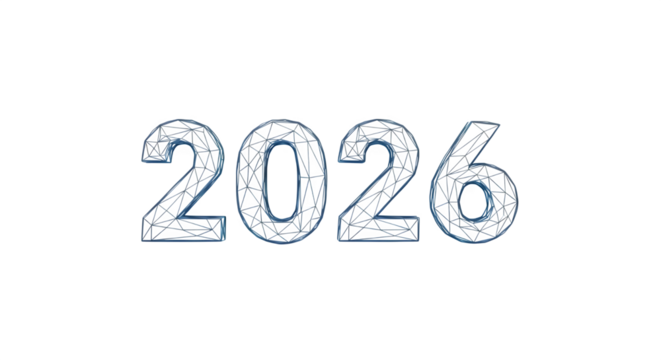 Futuristic glowing digital numbers 2026 with geometric patterns isolated on transparent background