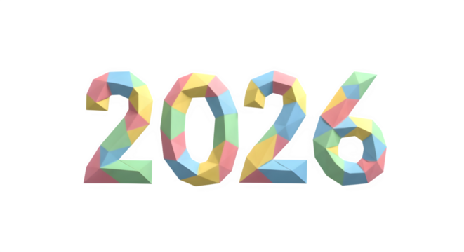 Colorful 3d textured numbers forming the year 2026 isolated on transparent background