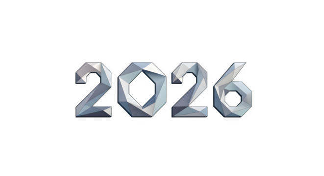 Polygonal geometric design of the year 2026 in a metallic silver texture isolated on transparent background
