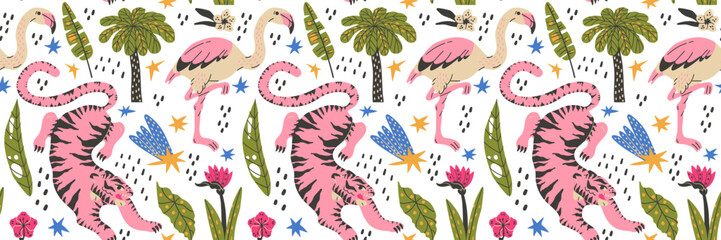 Funky seamless pattern with safari animals tiger flamingo and tropical palm jungle.