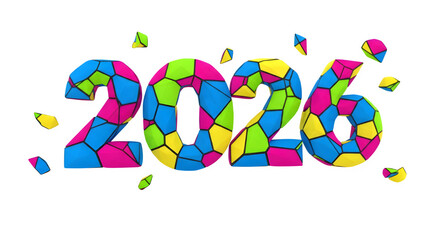 Colorful mosaic 2026 numbers with confetti falling isolated on transparent background