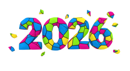 Colorful mosaic 2026 numbers with confetti falling isolated on transparent background
