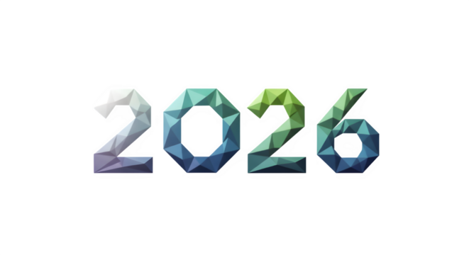 Geometric polygon style number 2026 with a gradient of blue green and purple colors isolated on transparent background