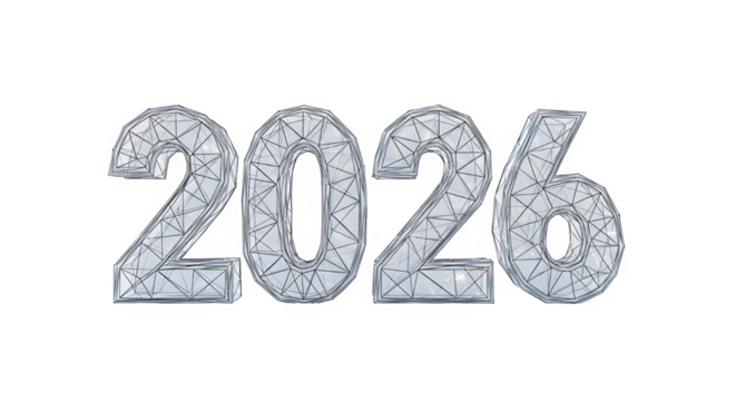 Textured silver metallic numbers 2026 representing the upcoming new year isolated on transparent background