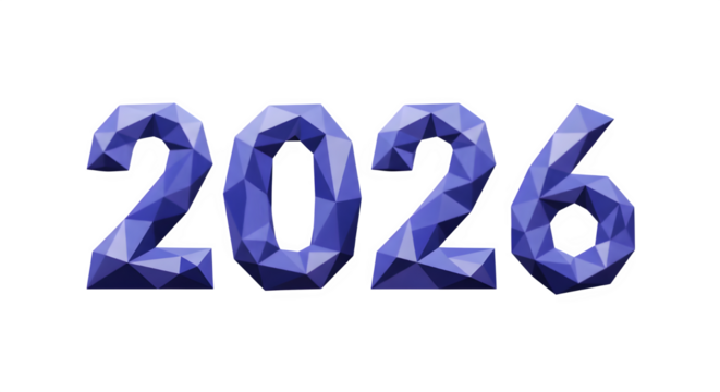 Abstract low poly 3d rendering of the year 2026 in a futuristic purple crystal texture isolated on transparent background