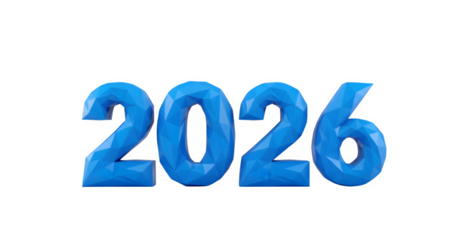 Bright blue 3d numbers forming the year 2026 isolated on transparent background