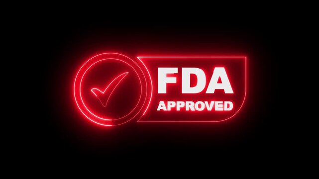 glowing neon FDA Approved icon Food and Drug Administration label. FDA Approved red Check Mark icon. FDA Approval icon and Medical Research, Healthcare Regulation and Pharmaceutical Process.