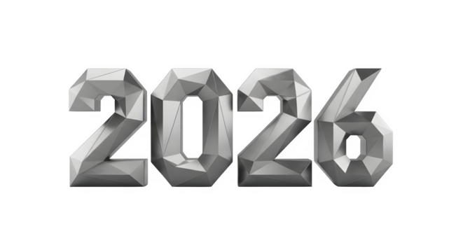 Geometric 3d metallic numerals of the year 2026 isolated on transparent background