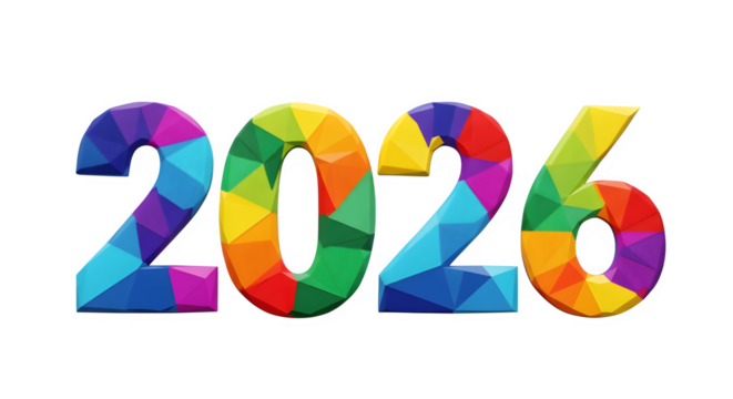 Colorful geometric polygon low poly abstract number 2026 isolated on transparent background