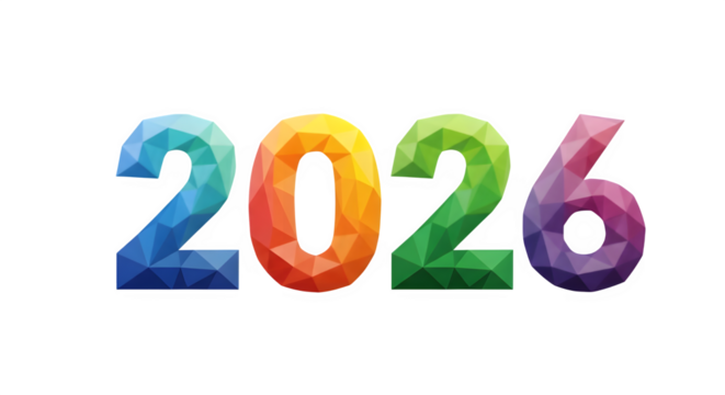 Colorful geometric low poly numbers 2026 isolated on transparent background