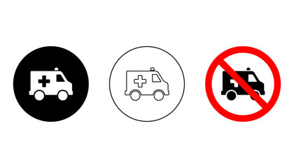 Ambulance icon collection in three styles filled, outline, and banned. Clean circular black and white design for healthcare, emergency, and transport concepts © SAJADA