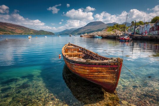 Ullapool Scotland. Old Fishing Boat at Loch Broom Water Landscape with Sky and Harbor Views