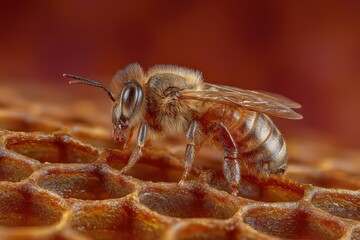 Varroa Mite Infestation on Bee Drone Doll in Honeycomb Hive of Apis Mellifera