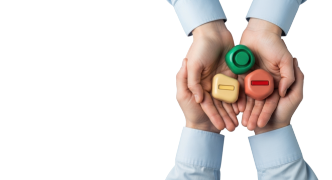 Clean adult hands gently present emerald green, yellow, and red-orange abstract objects in a minimalist corporate flat lay with negative space, concept of customer feedback analysis - Powered by Adobe