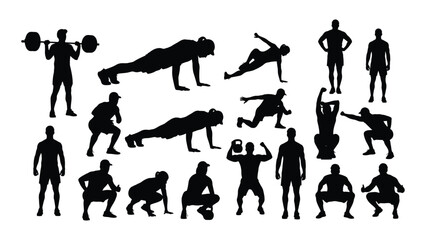 Fitness exercise silhouettes collection isolated on transparent background, Vector