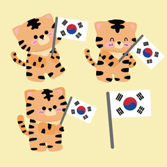 Korea National animal cute tiger holding a Korea flag