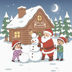 Christmas scene of Santa and two kids making a snowman outside Santas workshop festive artwork