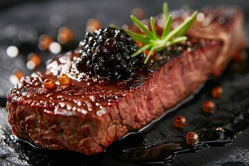 Close-up of gourmet steak with caviar and garnish